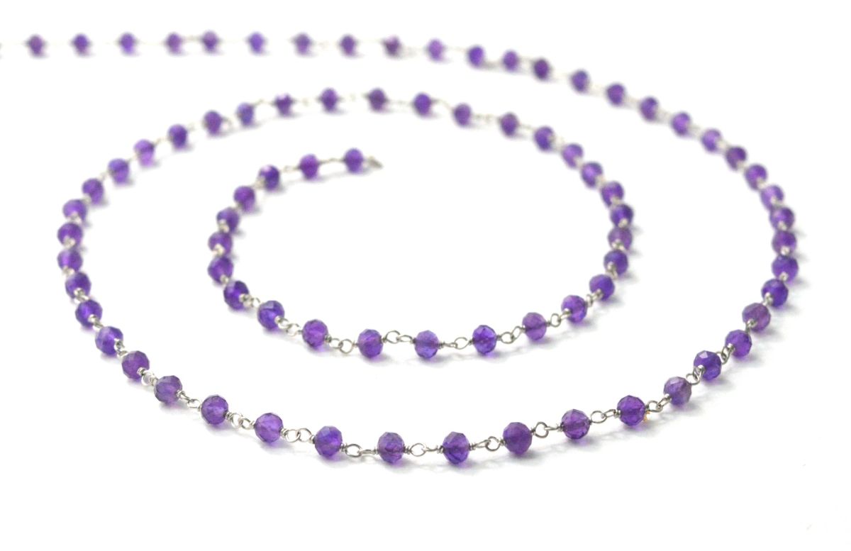 14k  Solid White Gold Rosary Chain With 3 mm Size -Natural Amethyst - SGGRC-015B, Sold By 1 Inch.