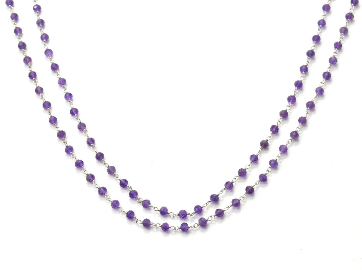 14k  Solid White Gold Rosary Chain With 3 mm Size -Natural Amethyst - SGGRC-015B, Sold By 1 Inch.