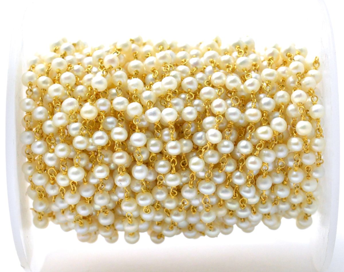 18k Solid Gold Rosary Chain With Natural Pearl Stone - 3mm Sold By 1 Inch