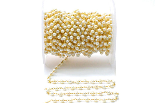 18k Solid Gold Rosary Chain With Natural Pearl Stone - 3.00 mm Size  - SGGRC-028, Sold By 1 Inch.