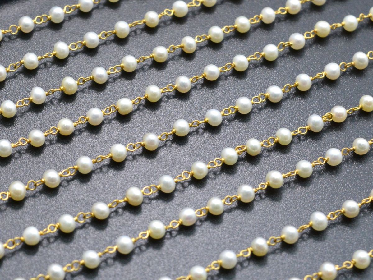 18k Solid Gold Rosary Chain With Natural Pearl Stone - 3mm Sold By 1 Inch