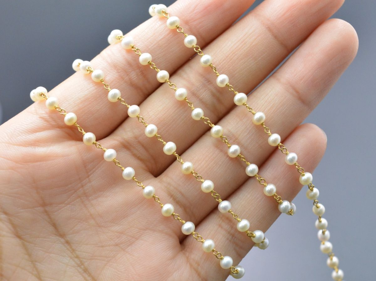 18k Solid Gold Rosary Chain With Natural Pearl Stone - 3.00 mm Size  - SGGRC-028, Sold By 1 Inch.