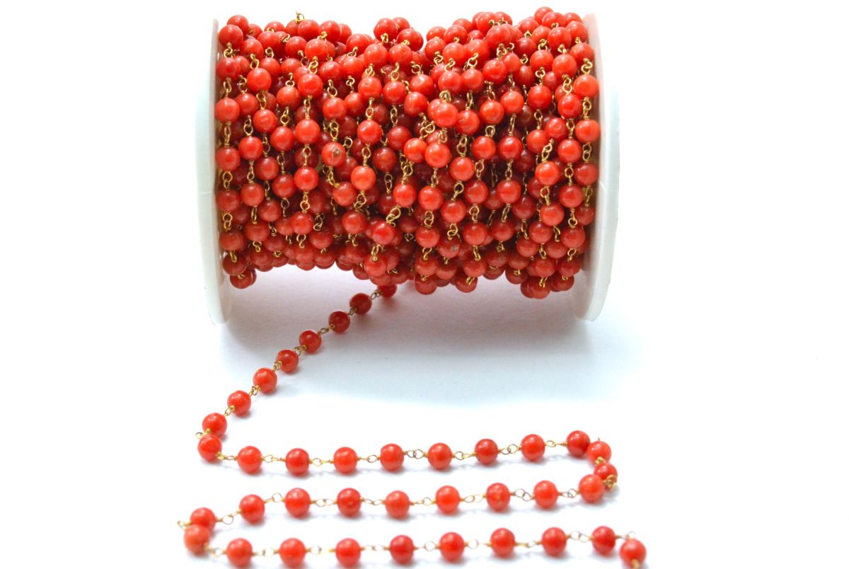 18k Solid Gold Rosary Chain Studded With Coral Stone in 3.50 mm