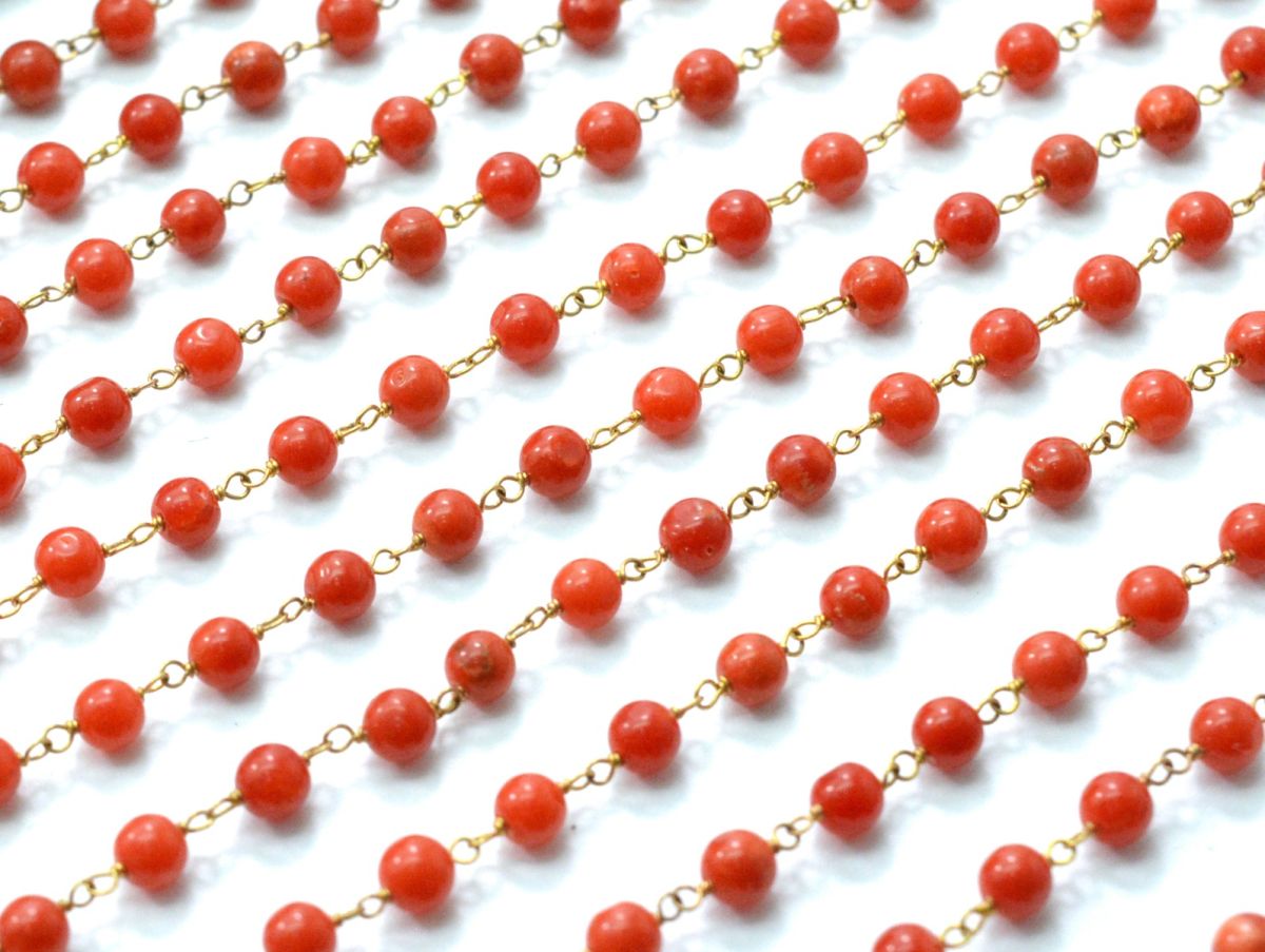 18k Solid Gold Rosary Chain Studded With Coral Stone in 3.50 mm