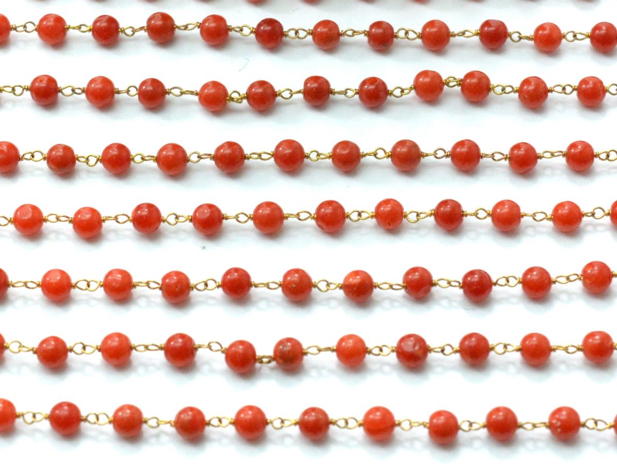 18k Solid Gold Rosary Chain Studded With Coral Stone in 3.50 mm