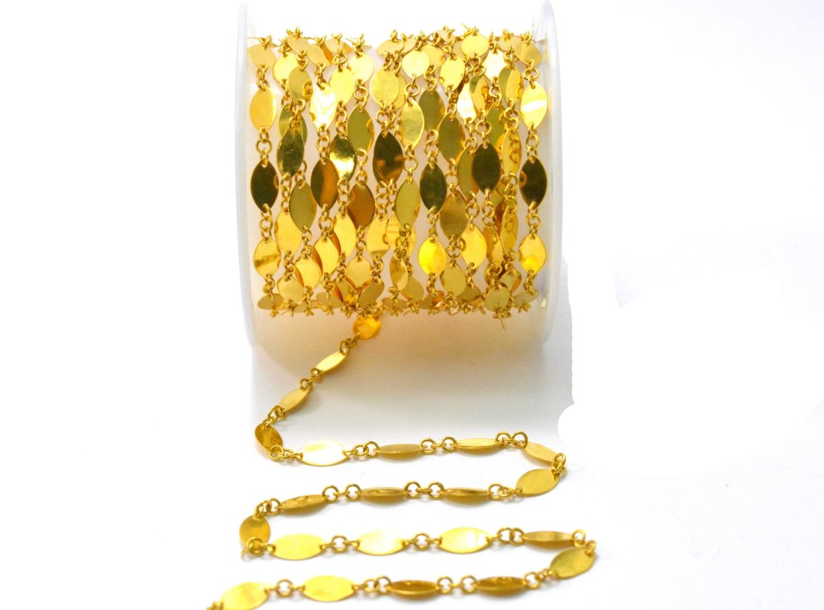 18K Solid Yellow Gold Splendid Plain Chain, Shiny Finish 8x4MM Flat Marquise Chain.Sold by 17 cm, SGGRC-030.