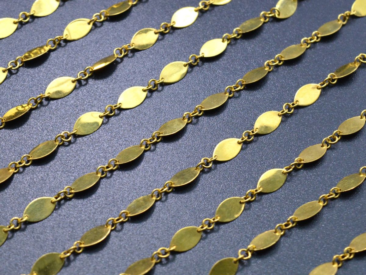 18K Solid Yellow Gold Splendid Plain Chain, Shiny Finish 8x4MM Flat Marquise Chain.Sold by 17 cm, SGGRC-030.