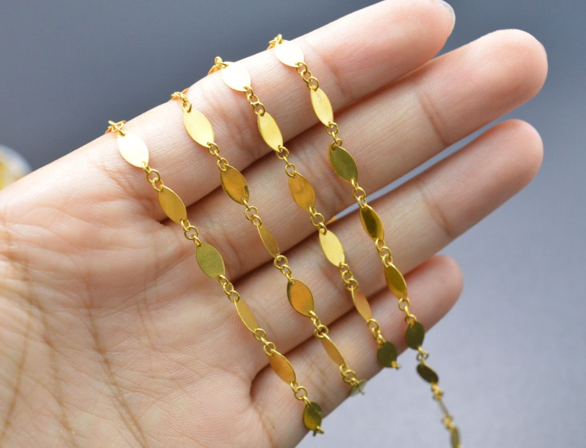 18K Solid Yellow Gold Splendid Plain Chain, Shiny Finish 8x4MM Flat Marquise Chain.Sold by 17 cm, SGGRC-030.