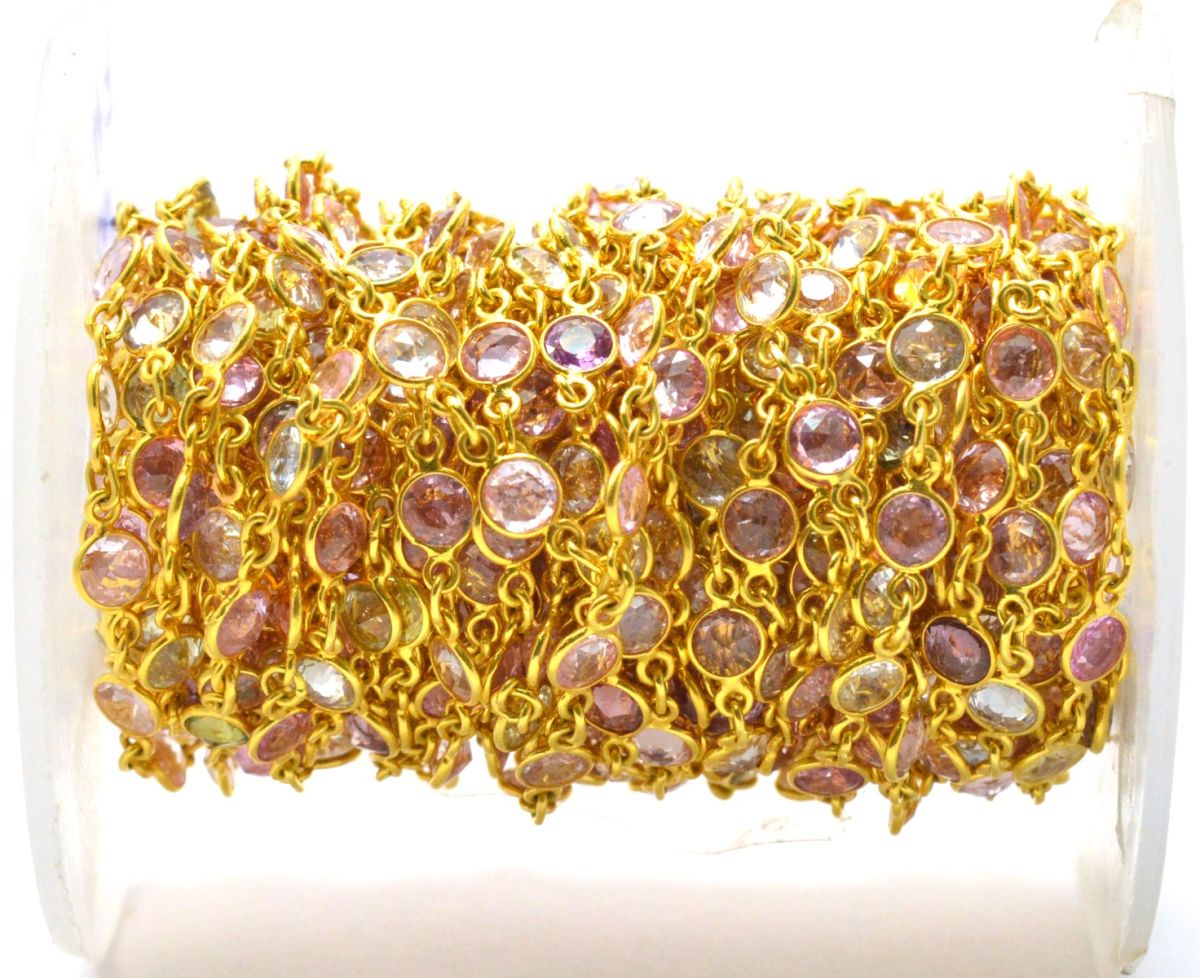 18K Solid Yellow Gold Attractive Bezel Chain With Natural Round Multi Sapphire Stone Size - 4.00 MM. Sold By 17CM, SGGRC-047.