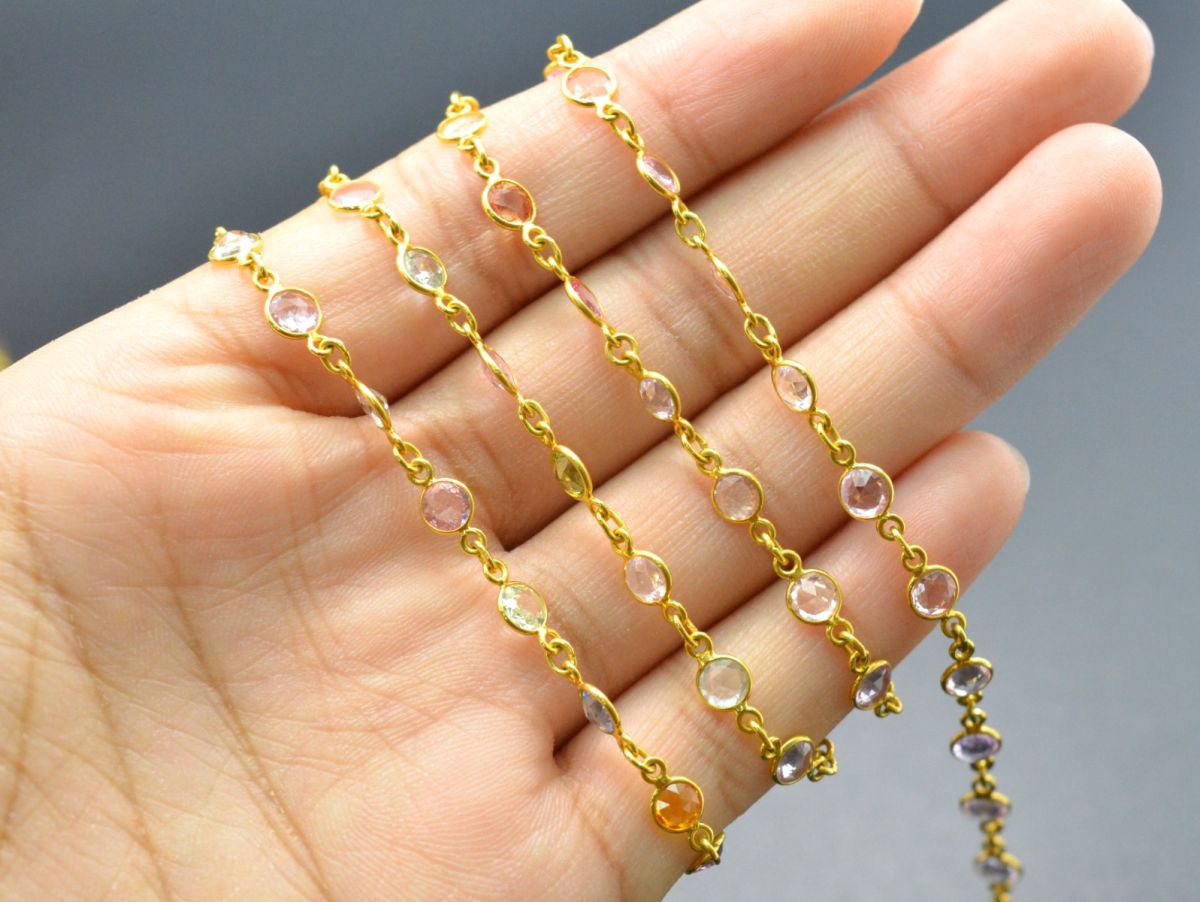 18K Solid Yellow Gold Attractive Bezel Chain With Natural Round Multi Sapphire Stone Size - 4.00 MM. Sold By 17CM, SGGRC-047.