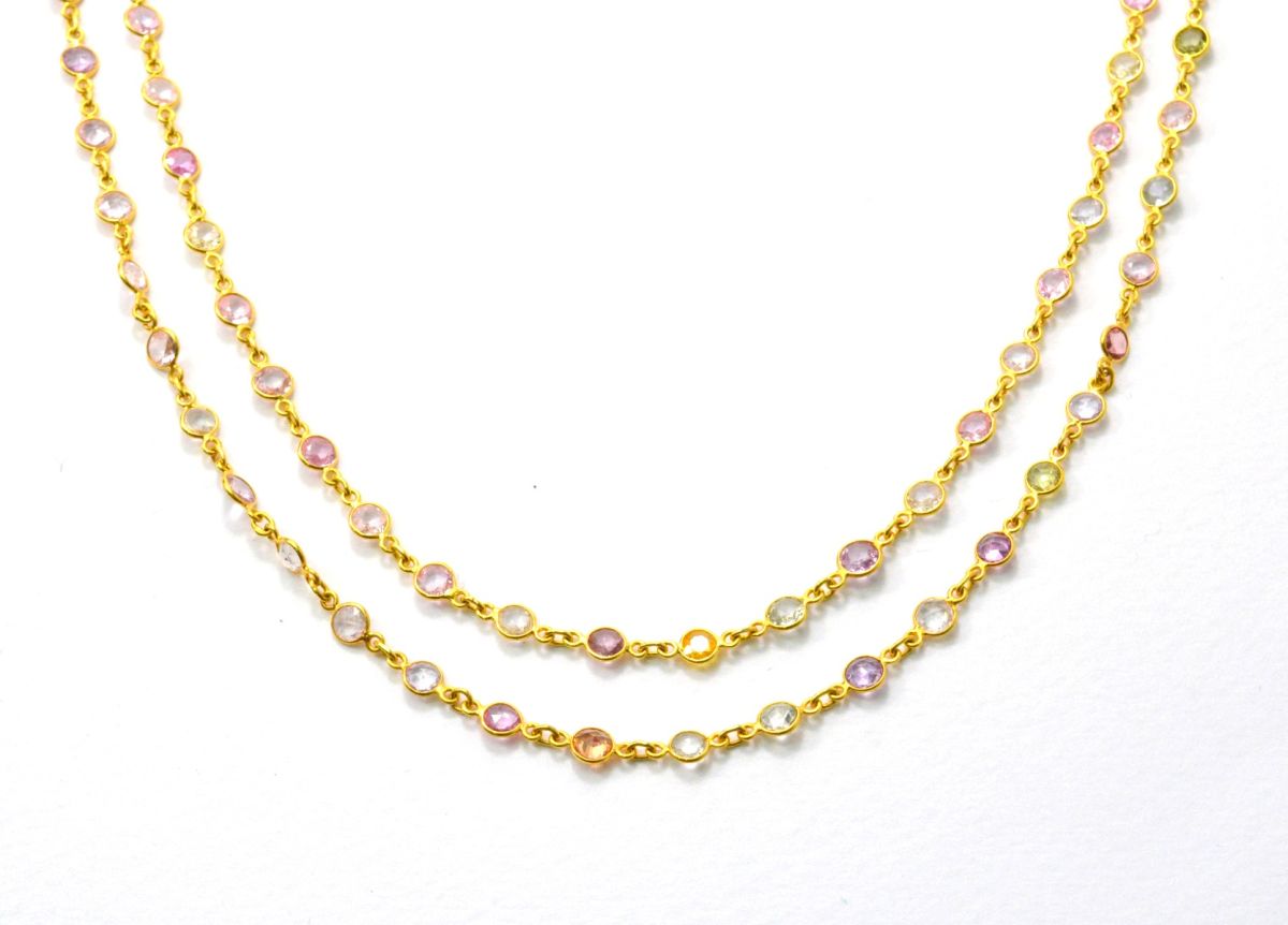 18K Solid Yellow Gold Attractive Bezel Chain With Natural Round Multi Sapphire Stone Size - 4.00 MM. Sold By 17CM, SGGRC-047.