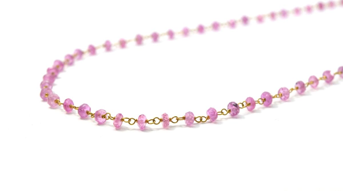 14k Solid Yellow Gold Necklace Studded With Pink Sapphire Stones, 3MM Size, SGGRC-122