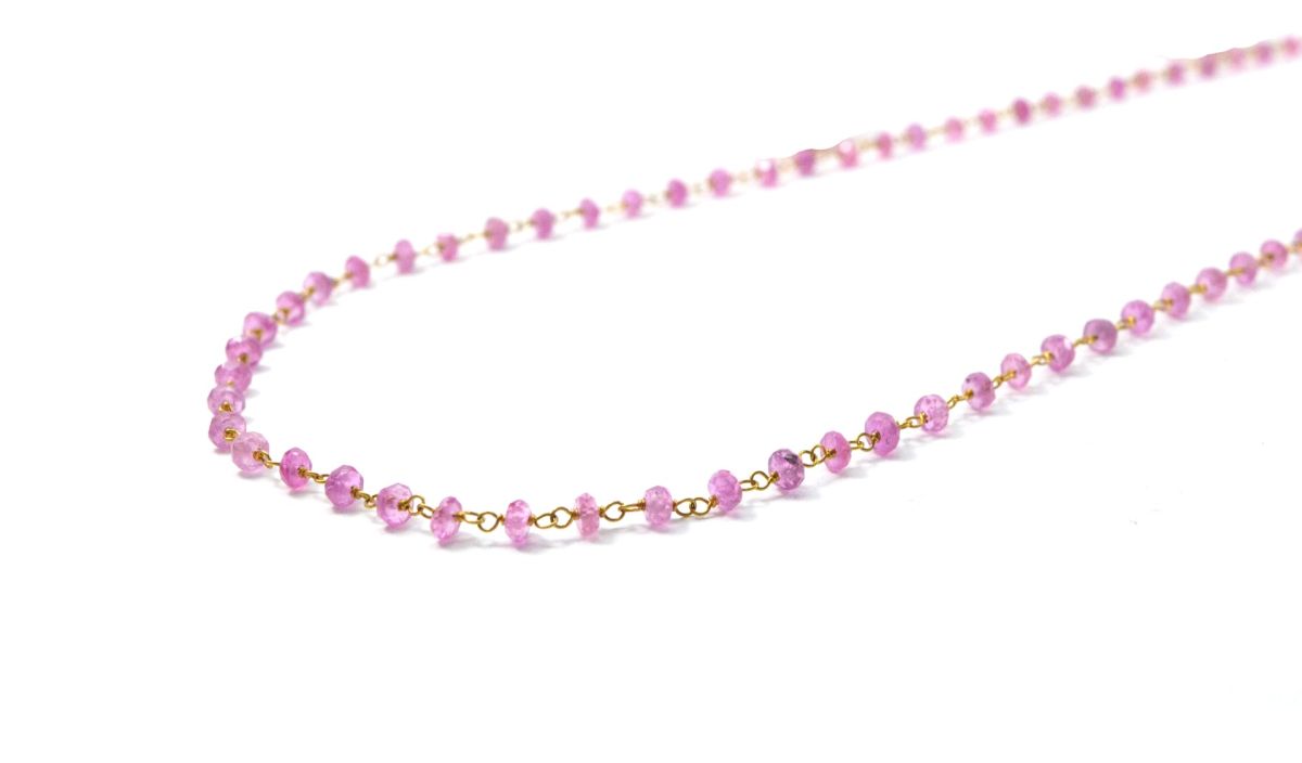 14k Solid Yellow Gold Necklace Studded With Pink Sapphire Stones, 3MM Size, SGGRC-122