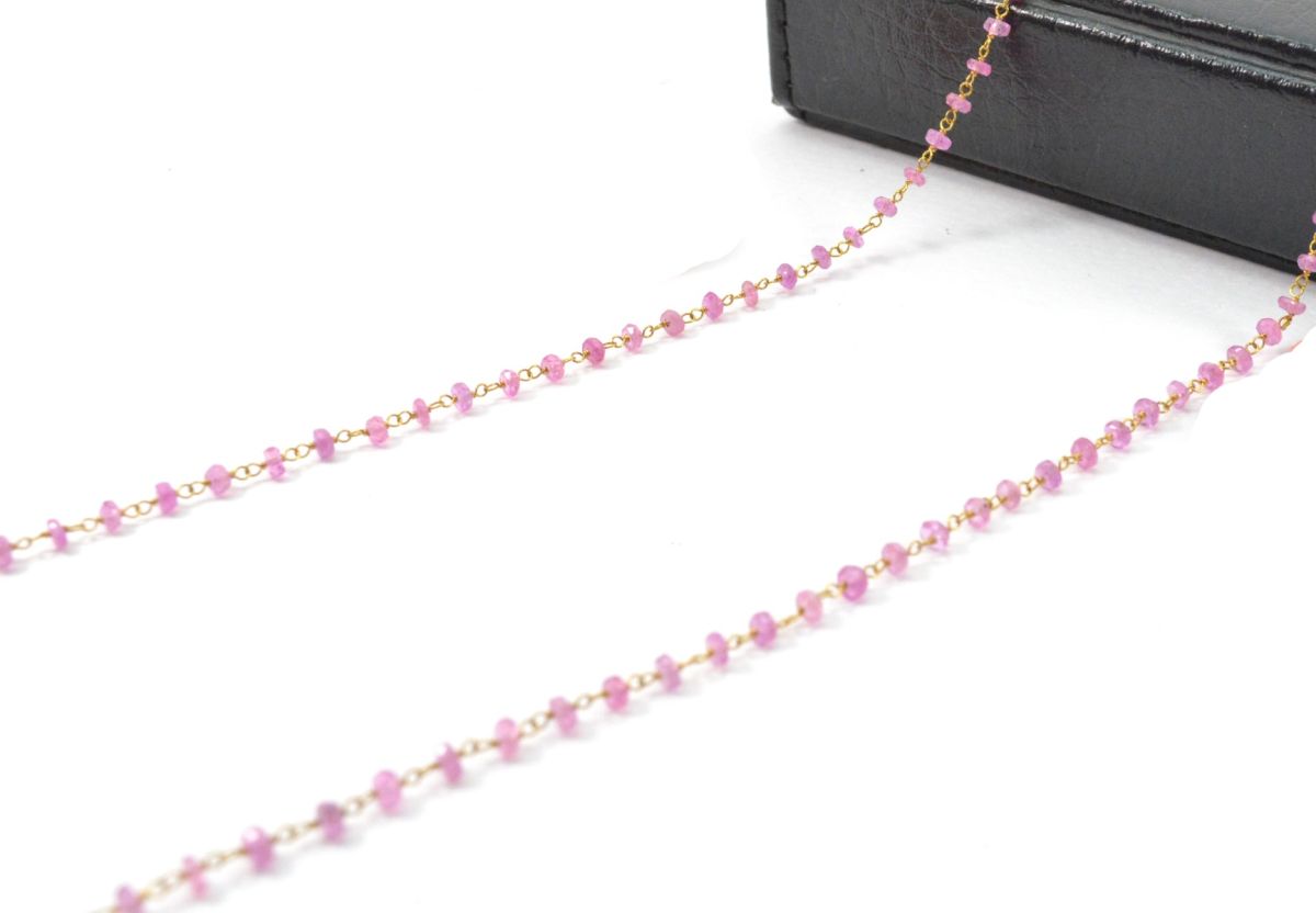 14k Solid Yellow Gold Necklace Studded With Pink Sapphire Stones, 3MM Size, SGGRC-122