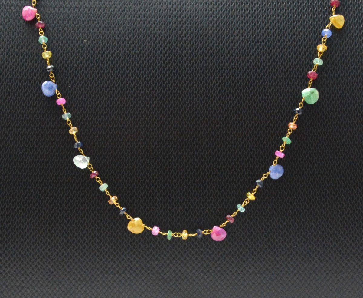 14k Solid Gold Necklace - Natural Multi Stones ,3MM - SGGRC-145