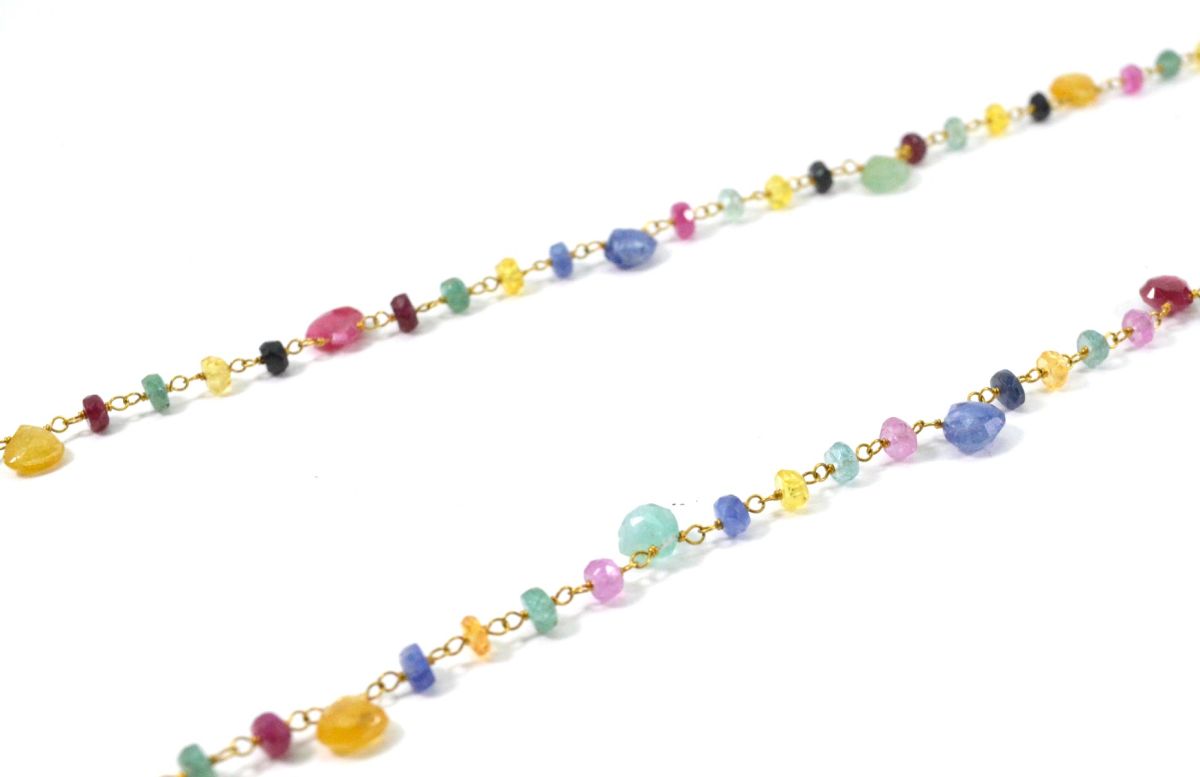 14k Solid Gold Necklace - Natural Multi Stones ,3MM - SGGRC-145