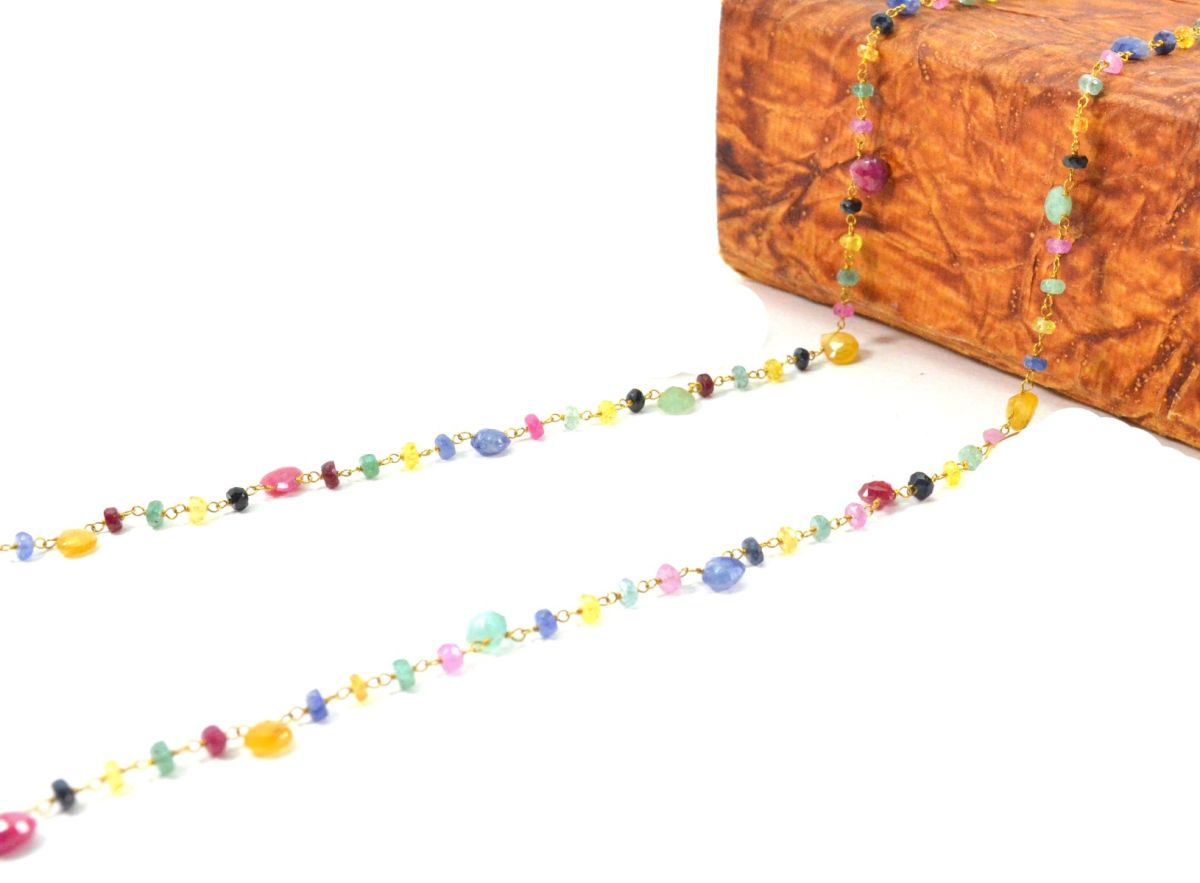 14k Solid Gold Necklace - Natural Multi Stones ,3MM - SGGRC-145