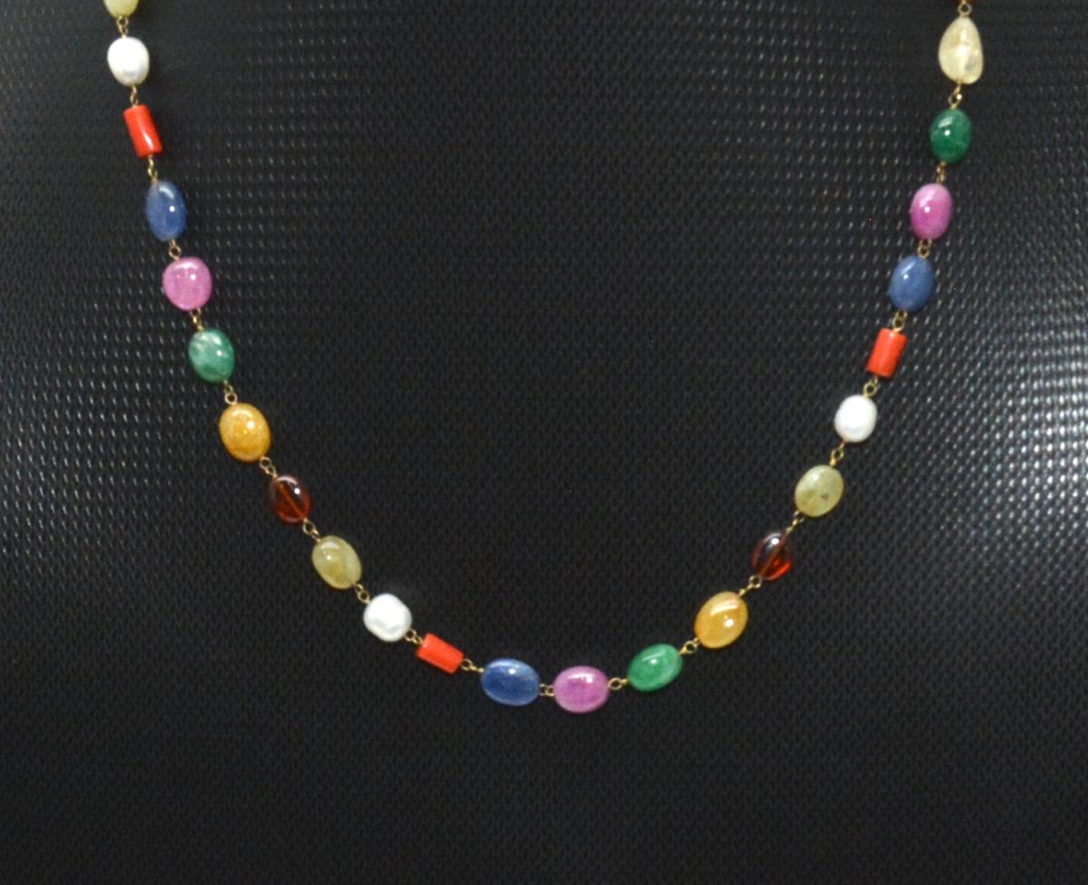 14k Solid Gold Necklace Studded With Multi Stones - SGGRC-148