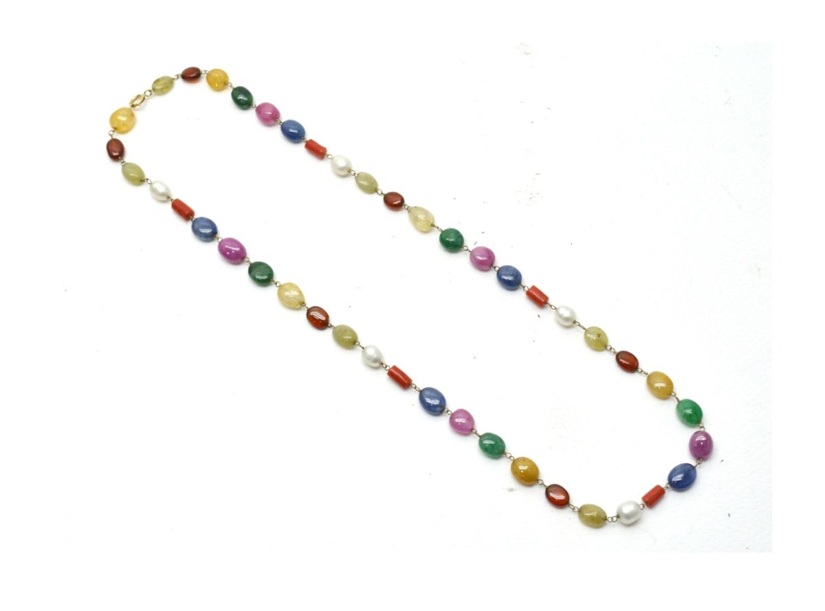 14k Solid Gold Necklace Studded With Multi Stones - SGGRC-148