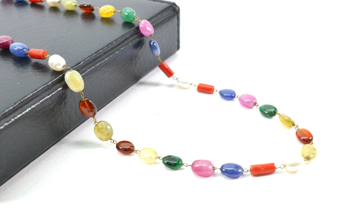 14k Solid Gold Necklace With Natural Multi Stones - Mix Size,  SGGRC-151