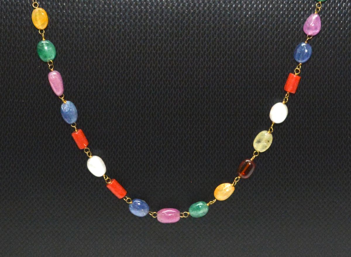 Attractive 14k Solid Gold Necklace In Mix Size With Multi Stone