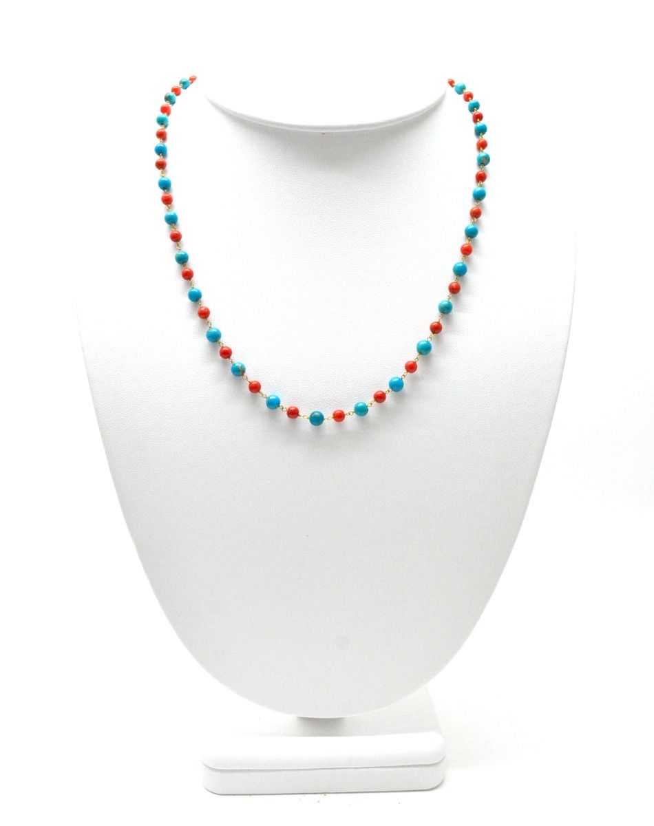 14k Solid Gold Necklace With Natural Coral and Turquoise Stone - 4 -4.5 MM