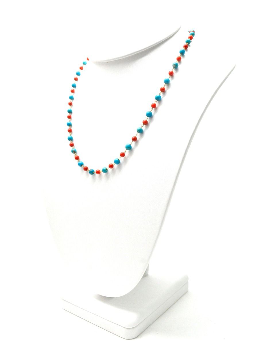14k Solid Gold Necklace With Natural Coral and Turquoise Stone - 4 -4.5 MM, SGGRC-174