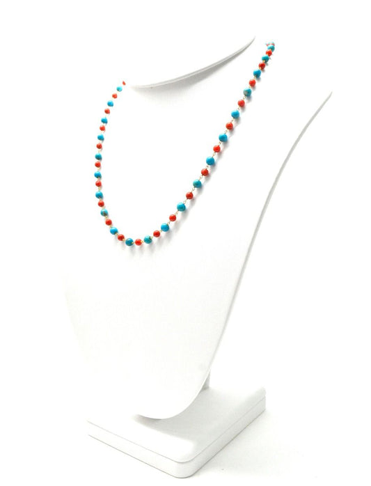 14k Solid Gold Necklace With Natural Coral and Turquoise Stone - 4 -4.5 MM, SGGRC-174