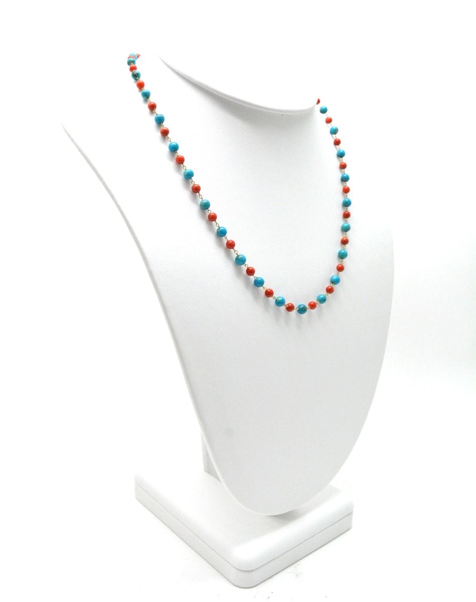 14k Solid Gold Necklace With Natural Coral and Turquoise Stone - 4 -4.5 MM