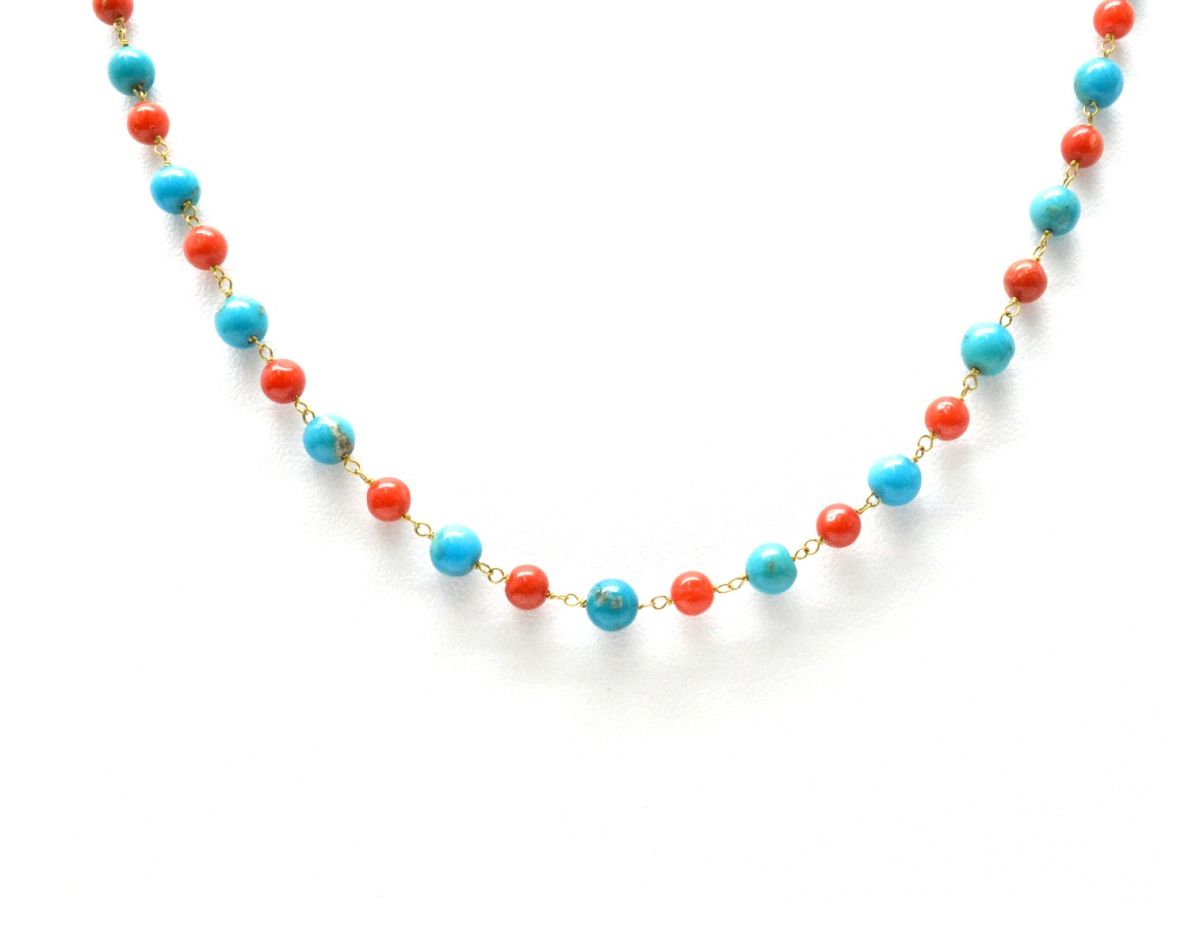 14k Solid Gold Necklace With Natural Coral and Turquoise Stone - 4 -4.5 MM, SGGRC-174
