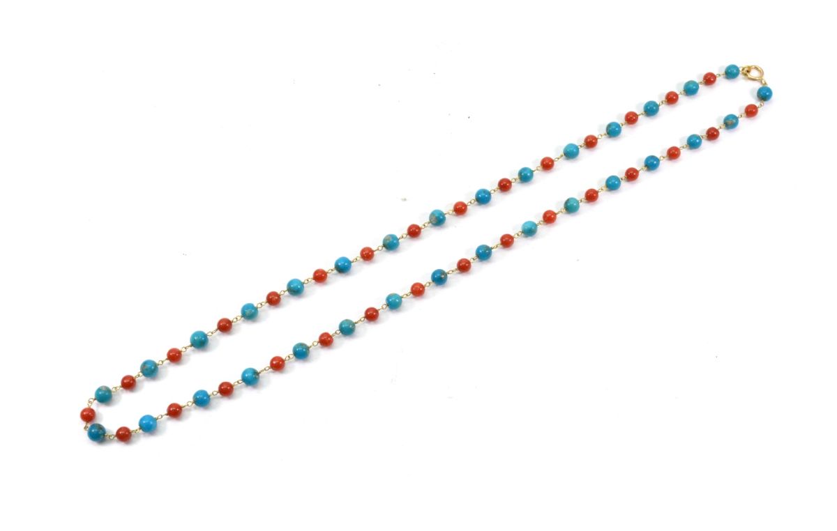 14k Solid Gold Necklace With Natural Coral and Turquoise Stone - 4 -4.5 MM