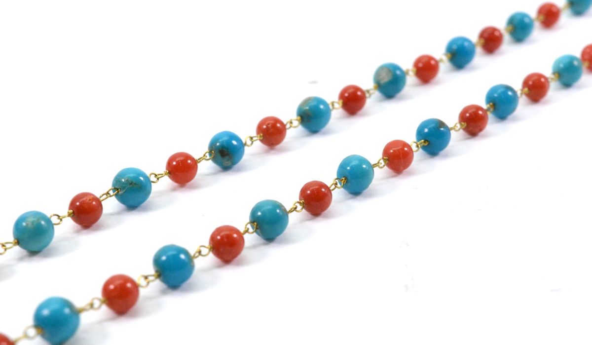 14k Solid Gold Necklace With Natural Coral and Turquoise Stone - 4 -4.5 MM