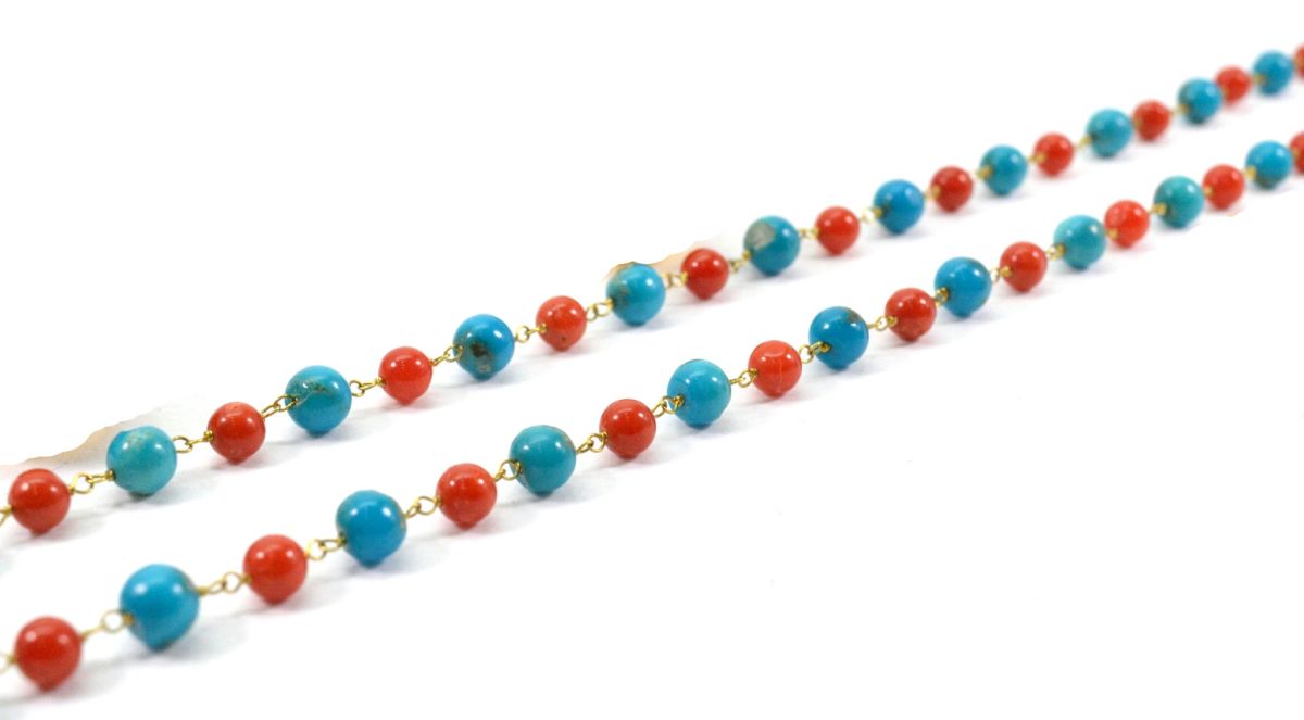 14k Solid Gold Necklace With Natural Coral and Turquoise Stone - 4 -4.5 MM, SGGRC-174