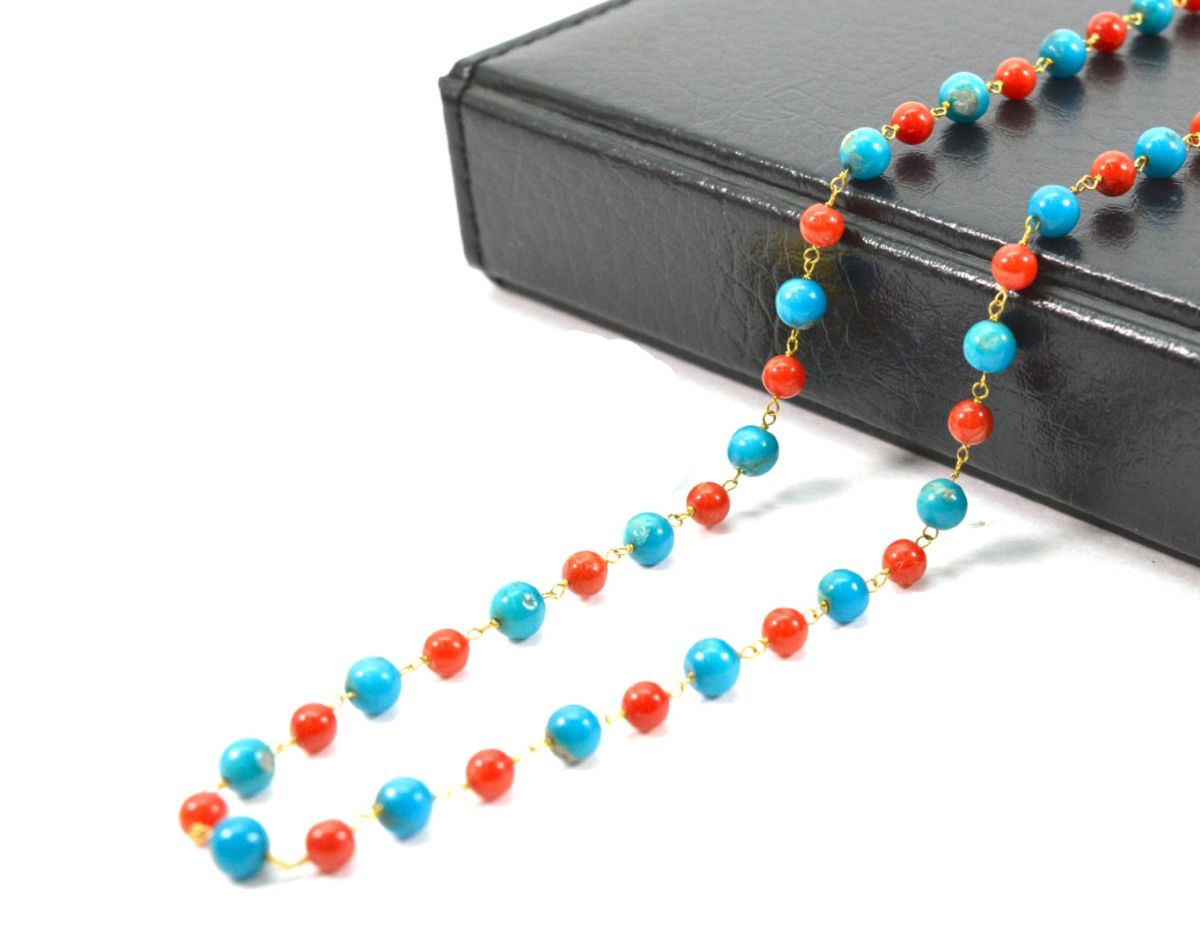 14k Solid Gold Necklace With Natural Coral and Turquoise Stone - 4 -4.5 MM, SGGRC-174