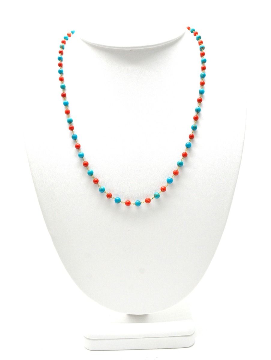14k Solid Gold Necklace Studded With Natural Coral, Turquoise