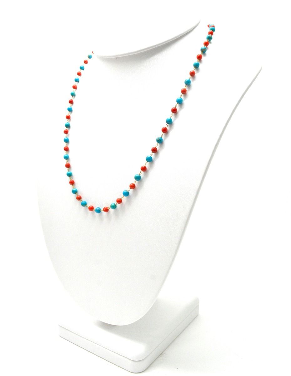 14k Solid Gold Necklace Studded With Natural Coral, Turquoise - SGGRC-175