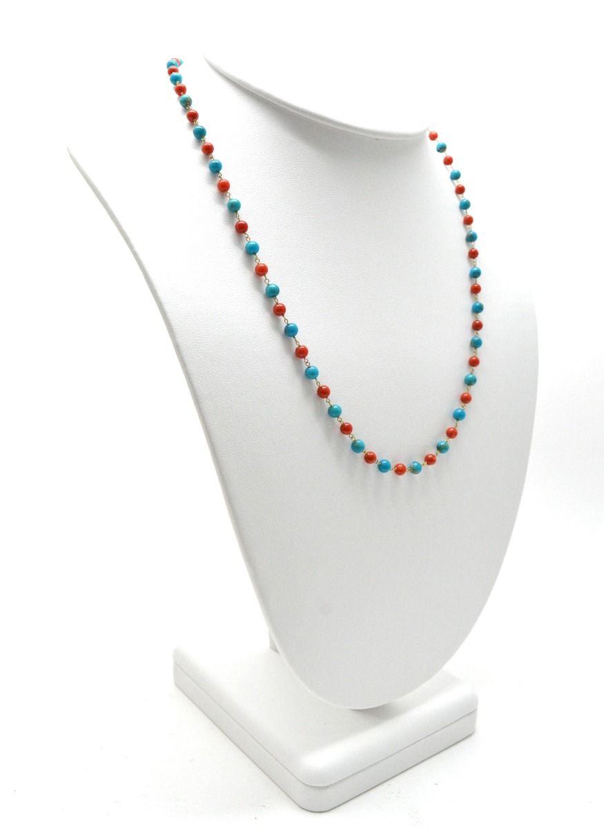 14k Solid Gold Necklace Studded With Natural Coral, Turquoise