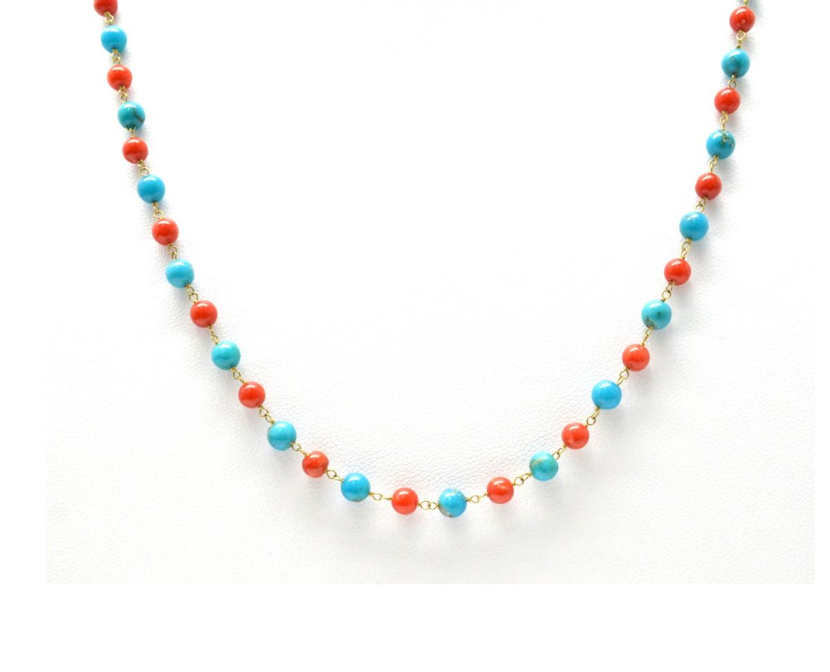 14k Solid Gold Necklace Studded With Natural Coral, Turquoise