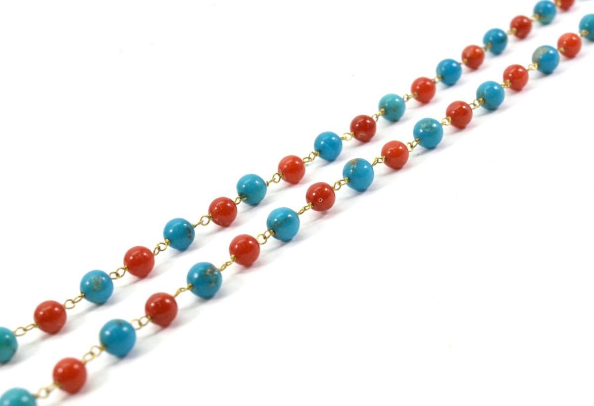 14k Solid Gold Necklace Studded With Natural Coral, Turquoise