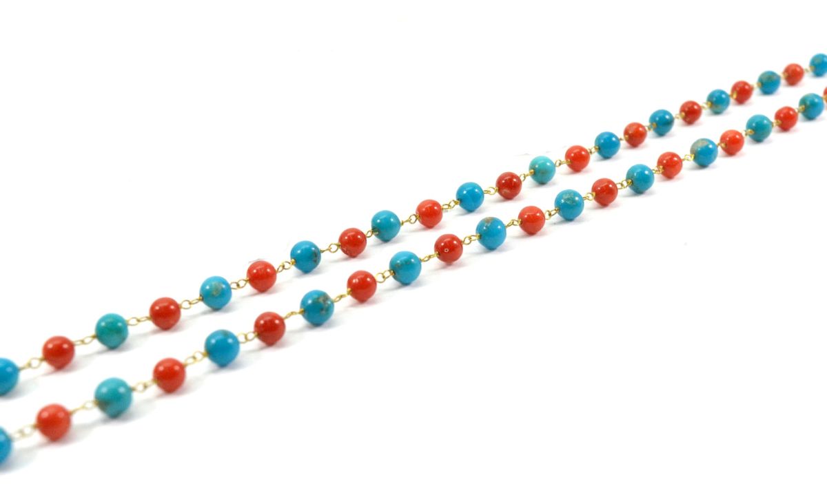 14k Solid Gold Necklace Studded With Natural Coral, Turquoise - SGGRC-175