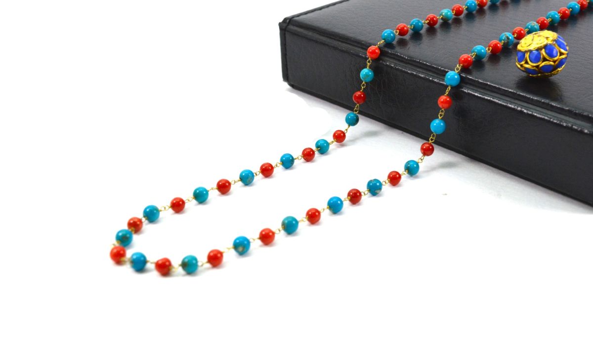 14k Solid Gold Necklace Studded With Natural Coral, Turquoise - SGGRC-175