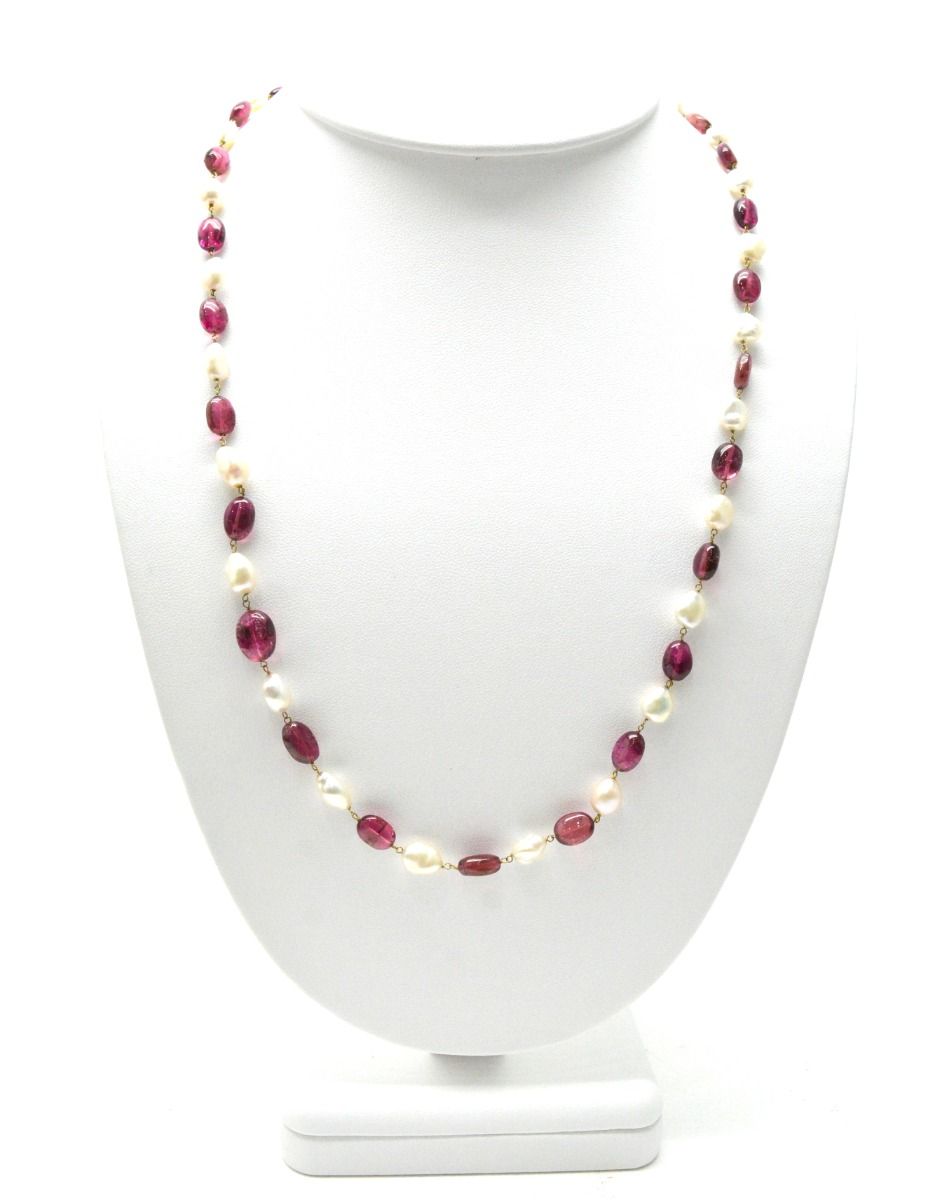 14k Solid Gold Necklace Studded With Natural Pearl And Rubelite Stone - 8X7 MM, SGGRC-180