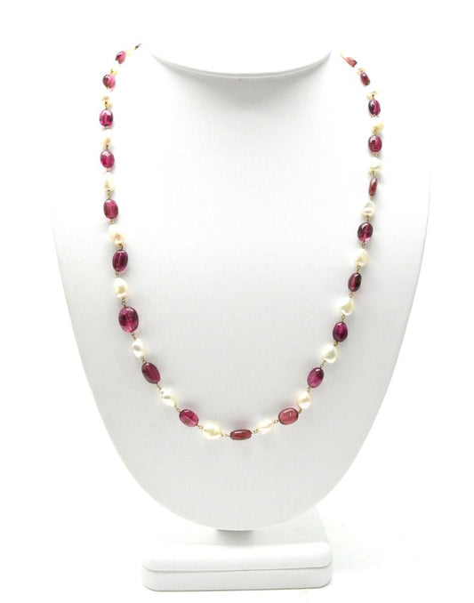 14k Solid Gold Necklace Studded With Natural Pearl And Rubelite Stone - 8X7 MM