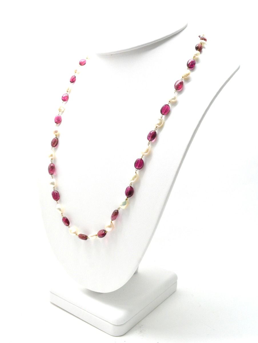 14k Solid Gold Necklace Studded With Natural Pearl And Rubelite Stone - 8X7 MM