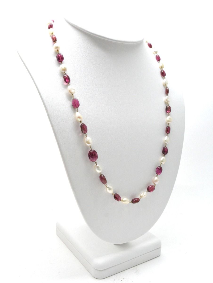 14k Solid Gold Necklace Studded With Natural Pearl And Rubelite Stone - 8X7 MM, SGGRC-180
