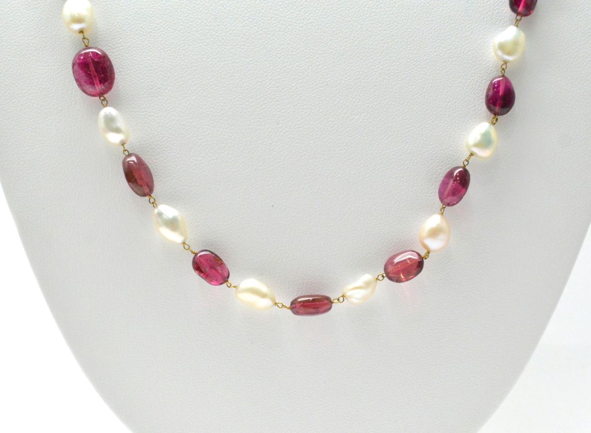 14k Solid Gold Necklace Studded With Natural Pearl And Rubelite Stone - 8X7 MM