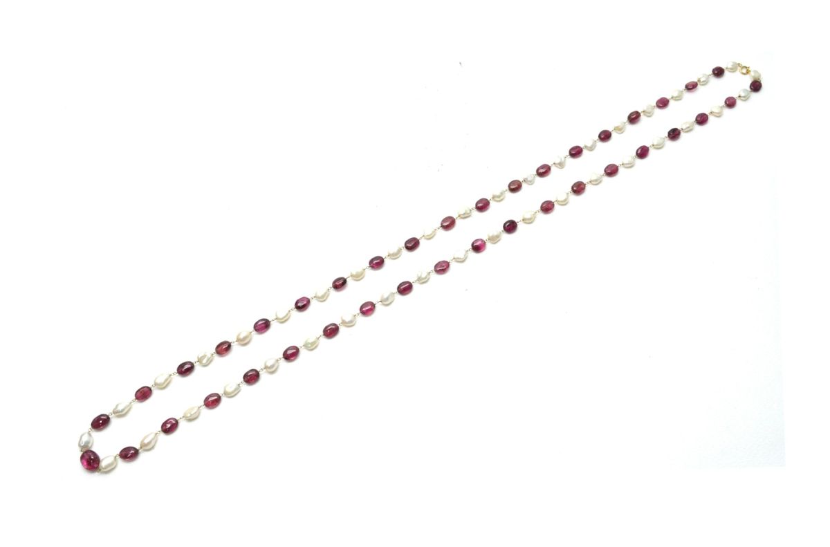 14k Solid Gold Necklace Studded With Natural Pearl And Rubelite Stone - 8X7 MM