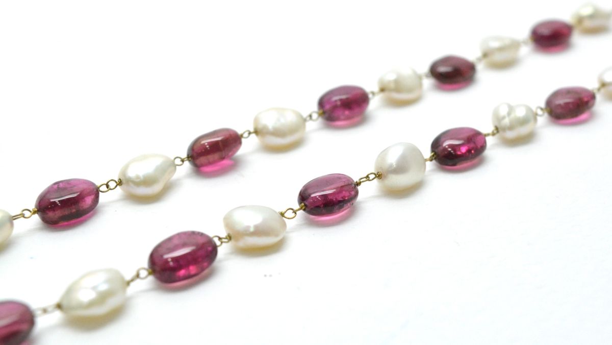 14k Solid Gold Necklace Studded With Natural Pearl And Rubelite Stone - 8X7 MM