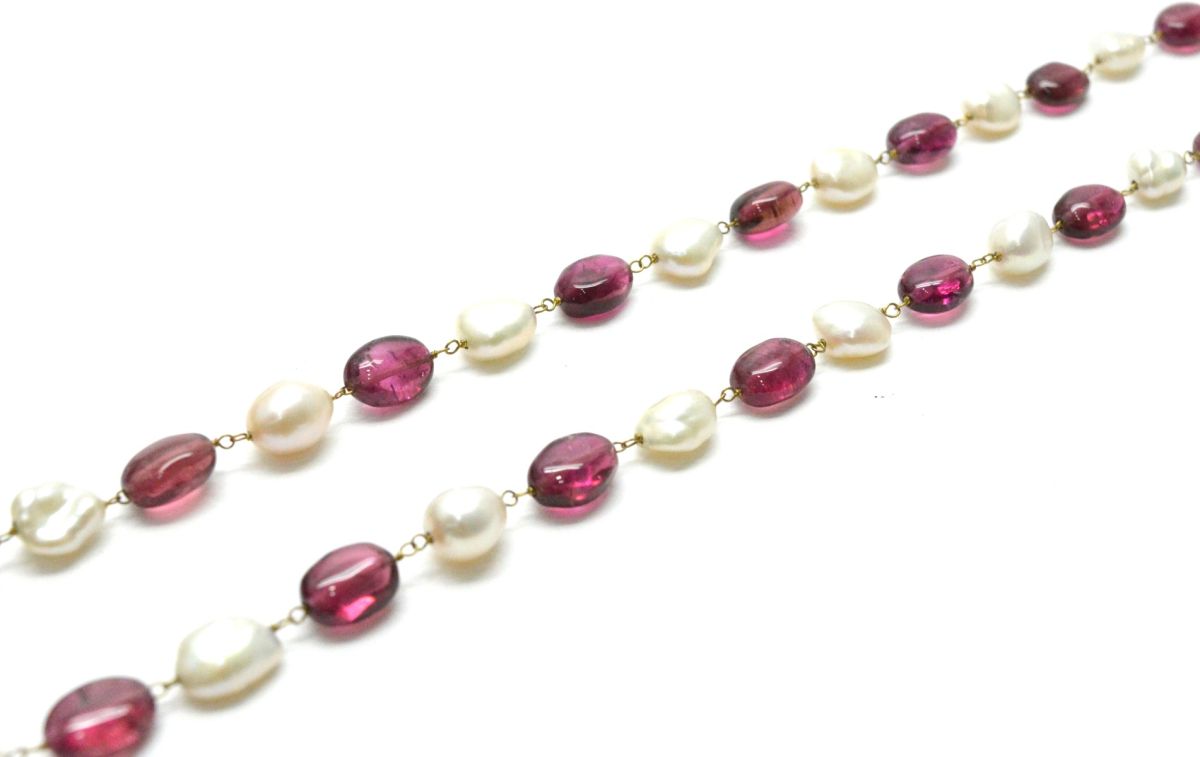 14k Solid Gold Necklace Studded With Natural Pearl And Rubelite Stone - 8X7 MM, SGGRC-180