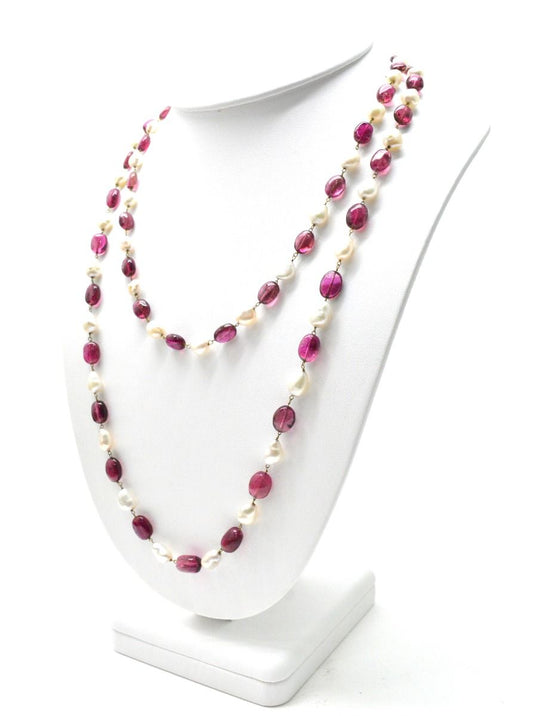 14k Solid Gold Necklace -  Natural Pearl And Rubelite, SGGRC-181